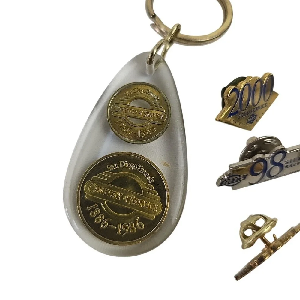 MTS San Diego Transit Pins Bundle of 9 1998-2001‎ Service Awards Token Key Fobs